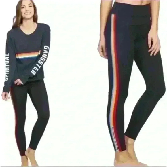 Spiritual Gangster "Rainbow Track Tight" Black With 5 Colored Stripes Small EUC - Picture 1 of 11